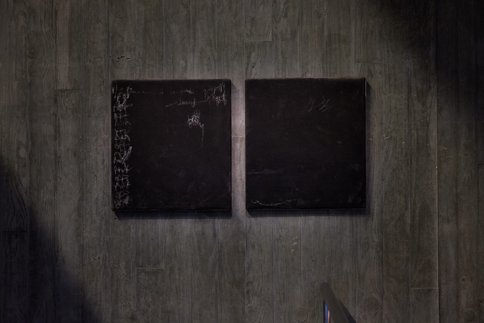 Bent 1 & Bent 2, 2025, chalk on acrylic on felt, at Sigg Prize 2025 exhibition, M+, Hong Kong, 2025. Photo by Dan Leung.